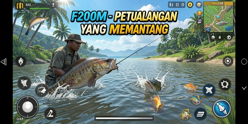 Screenshot F200M memperlihatkan pemain sedang memancing di lokasi indah.