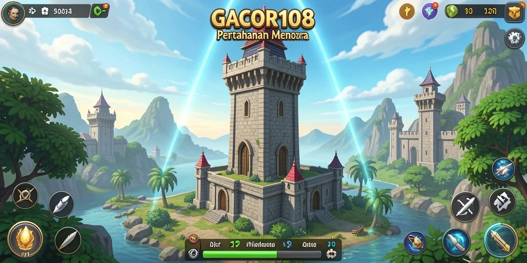 Screenshot gameplay GACOR108 yang menunjukkan aksi menara pertahanan yang intens.