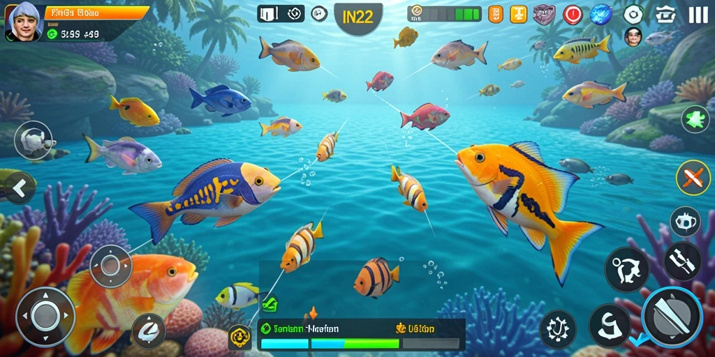 Screenshot game IN22 menampilkan aksi seru menangkap ikan.