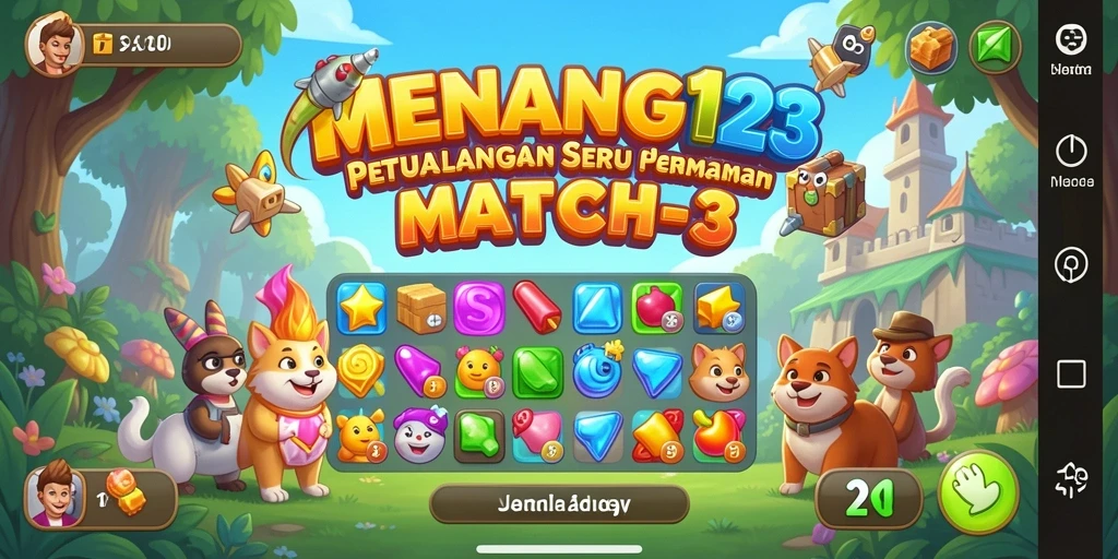 Tampilan seru gameplay MENANG123 dalam mencocokkan item Match-3.