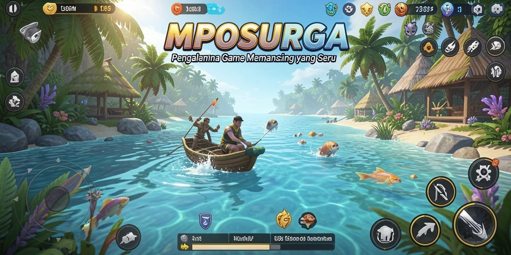 Screenshot gameplay MPOSURGA menampilkan keseruan saat menangkap ikan.