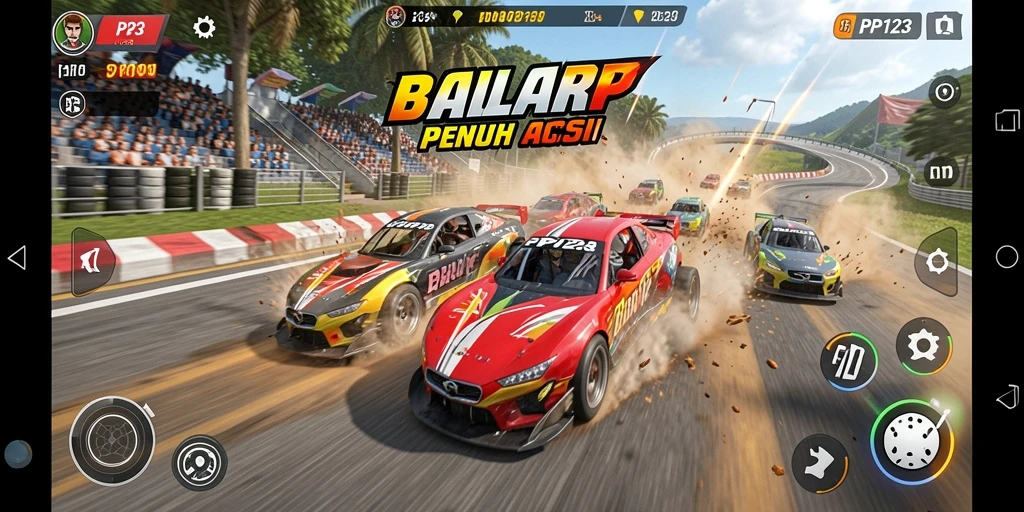 Tangkapan layar gameplay PP123 yang menampilkan balapan seru di trek kota.